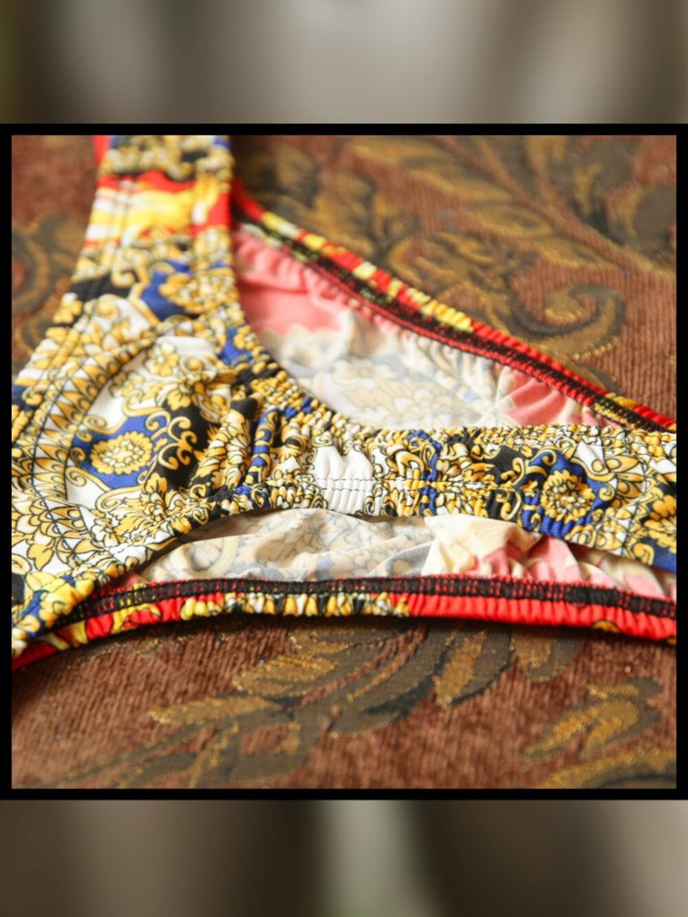Mens SALE Flaw on Orange Ornate Print 1 1/4 sides Thong Handmade - Picture 6 of 6